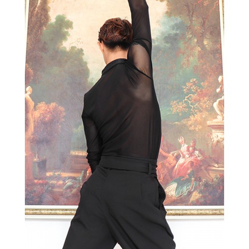 Black velvet stripe Latin Dance shirts for women youth long-sleeved v nevk Modern ballroom waltz tango flamenco dance body tops for man